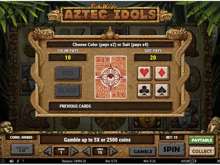 В рискованном раунде можно приумножить последний выигрыш Риск гейм на удвоение, автомат Aztec Idols