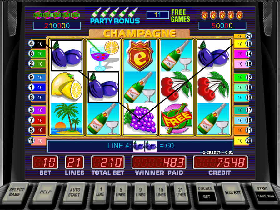 Классический слот Champagne привлекает современных игроков яркими красками Графика и визуальное оформление игрвого аппарата Шампанское